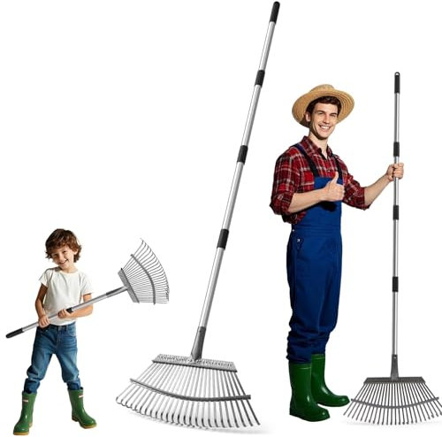 CJYMMFAN - Rastrillo de hojas con mango telescópico con 25 dientes, kit de herramientas de jardín para recoger hojas o hierba cortada (longitud del tallo 170 cm)