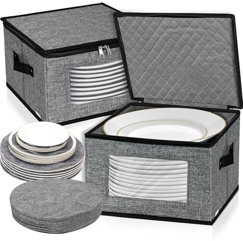 VERONLY China Storage Containers With Lid and Handles, Dinnerware Storage Box for Dishes with 12 Felt Dividers, Hold 24 Plates, 30.5X30.5X20.3 CM, Set of 2, Dark Grey
