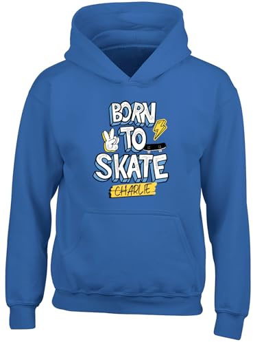 Shopagift Personalised Born to Skate Any Name Skater Kids Hoodie Hoody Hooded Top Boys Girls Blue