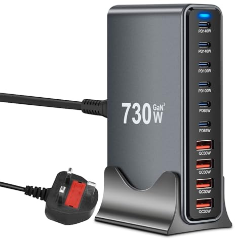 730W USB C Charging Station Hub 10‑Port GaN III Multi Port USB Fast Charger Block (6 USB‑C & 4 USB‑A),Metallic Gray & Black Power Dock Compatible with MacBook, iPhone, iPad, Galaxy S24/S23 etc