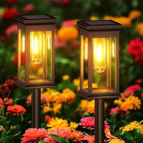 Luces solares de jardín al aire libre, paquete de 2 luces de jardín de tungsteno, luces LED de camino alimentadas por energía solar, IP65 impermeable, iluminación de paisaje de encendido/apagado