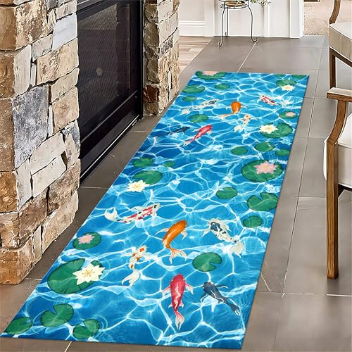 Bycmuoz Pond Koi Throw Carpet Runner for Entrance, 1.3x7ft, Summer Lotus Leaf Lotus Water Ripple Indoor Rug, Durable Dirty Resistant Easy Clean Carpet, Anti-Slip Absorbent Mat for Hallway