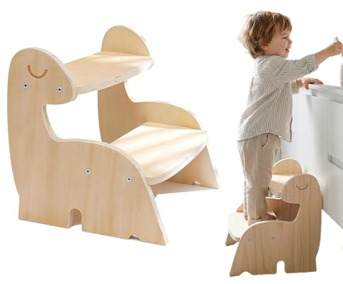 Sgabello con 2 gradini, 36.1x 31 x 32.7cm Sgabello Legno per Bambini 2 Gradini, sgabello a 2 Livelli Contro Parete Mobile Dinosauro, Torre Montessori di Apprendimento in Legno Bambini dai 3 ai 6 anni