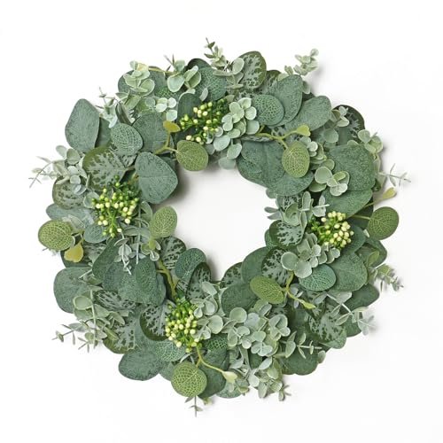 UXORSN Corona para puerta de casa, 36 cm, corona de eucalipto artificial, decoración para primavera, verano, corona verde con bayas, hojas verdes, bienvenida, corona de puerta, todo el año para
