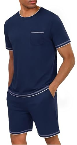 Demegimi Ensemble Pyjama Court Homme Coton pour l Été Haut à Manches Courtes Col Rond et Short Assortis Léger et Confortable
