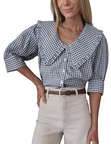 Daacee Women's Plaid Blouse Oversized Ruffle Collar V Neck Puff Sleeve Button Down Plaid Shirts Trendy Gingham Tops(0880-Blue-XL)