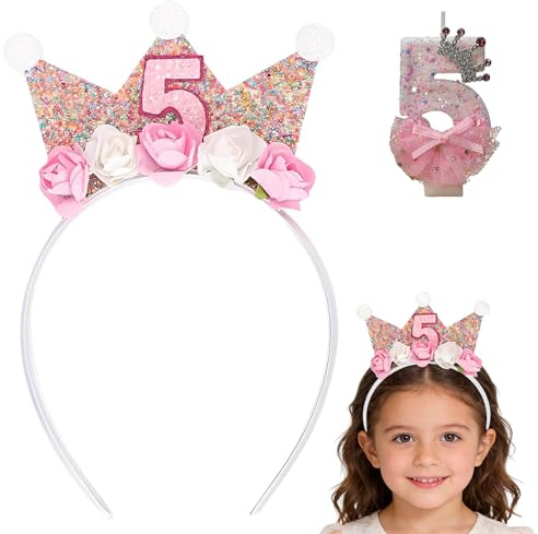 BCHMN Set Compleanno per 5 Anni, Corona Principessa Bambina, Cerchietto con corona di rose, Candela a Forma di Corona con Numero