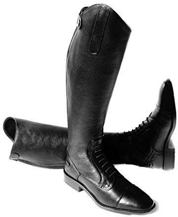 Rhinegold Elite Luxus BLACK LEATHER RIDING BOOTS - Soft Feel Leather, Comfortable Fit, Elasticated Laced Front, Women's Equestrian Boots with Full Length Back Zip, Size 5, EU 38, Calf 0