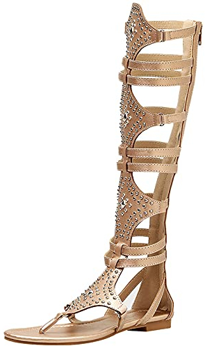 Jamron Damen Knie Hoch Römische Gladiator Sandalen Nieten Besetzt Riemchensandalen Reißverschluss Zehensandalen Gold SN020342 EU38