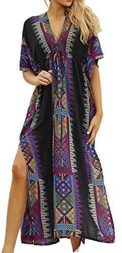 LikeJump Dam bomullstryck kaftan baddräkt kimono täcka lös strandrock maxiklänning, Svart, en storlek