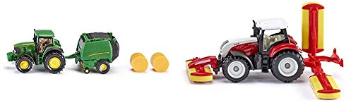 Siku 1665, John Deere Traktor mit Ballenpresse inkl. 2 Ballen, Metal/Kunststoff, Grün, Bewegliche Teile & 1672, Steyr Traktor mit Pöttinger Mähwerkskombination, Metall/Kunststoff, Rot