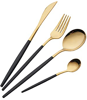 OUQIWEN Set di posate,16 pezzi set di posate in acciaio inossidabile nero e oro,set di posate in oro nero,Compreso forchetta/cucchiaio/coltello/cucchiaino,Per 4 persone (Nero e Oro)