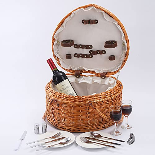 Picnic Basket for 2 Picniking Heart Shaped Empty Woven Wicker Willow Wood Hamper Backpack Box with Lid Cover Handle for Gifts Accessories Vintage Wine Baskets for Women Bin