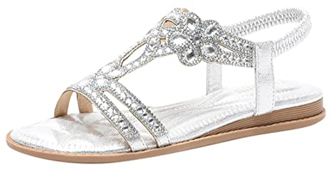 BIBOKAOKE Flache Sandalen Damen Größen Strass Bohemia T-Riemen Frauen Weichen Sohlen Sommerschuhe Gummiband Slingback Elegante schöne Mädchen Strandschuhe