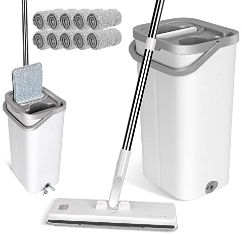 Masthome Mopa Microfibre con Cubo Escurridor, Mopa Fregona con 140 cm Mango de Acero Inoxidable, 5 Almohadillas Reutilizables, Adecuado para Limpiar Suelos de Madera, Laminados, Azulejos y Mármol
