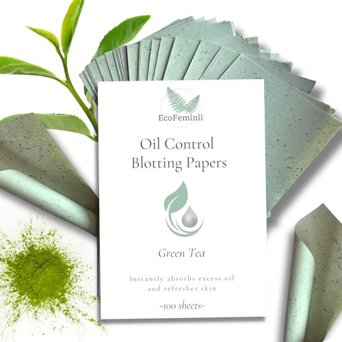 EcoFeminii Green Tea Facial Oil Blotting Papers (100 Medium Sheets, 6cm x 9cm) - Max Absorbency Sheets for Face & T-Zone, Fresh Complexion