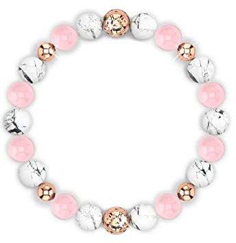 BNFGD Anti Anxiety Bracelet, Pink Crystal + White Pine + Gold Spacer Beads Natural Stone Healing Stress Relief Handmade Bracelets Calming Bracelets Spiritual Bracelet for Women Good Sleep 7 inch