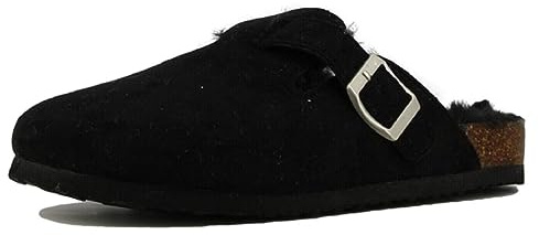 Les Arlesiennes Womens Fur Lined Clogs Fashion Soft Comfort Casual Slip On Buckle House Shoes (Black, UK_Footwear_Size_System, Adult, Women, Numeric, Medium, Numeric_5)
