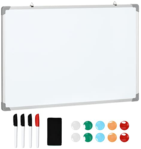 HOMCOM Magnetisk whiteboard, magnettavla, magnettavla, magnetisk vägg inklusive 4 pennor, 1 svamp, 10 magneter, torr avtorkningsbar, vit, 90 x 60 cm