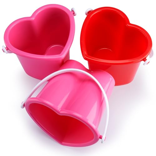 Layhit 6 Pcs Valentine's Day Heart Shape Sand Buckets Red Pink Plastic Sand Buckets with Handle Valentine Gift for Birthday Wedding Beach Trip Party Favor Supplies, 7 x 5.9''