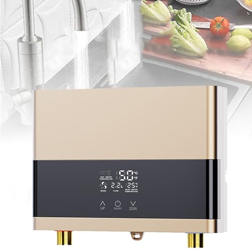 URJWAN Instant Water Heater, Tankless Electric Heating Element Energy Efficient Water Heater for In-Line Sinks, Under Sink, and Showers with Lcd Display,Gold-220V