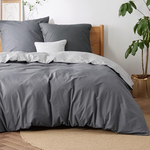 BEDSURE Ropa de cama de 155 x 220 cm, antracita y gris, algodón, ropa de cama de 155 x 220 cm, reversible de 3 piezas, con 2 fundas de almohada de 80 x 80 cm, Oeko-TEX, funda nórdica de dos tonos con