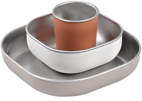 BÉABA, Coffret Repas Bébé Enfant Inox, 3 Pièces, Verre + 2 Assiettes, Compatible Micro-Ondes et Lave-Vaisselle, Sain et Solide, Léger, Incassable, Anti-dérapant avec Housse en Silicone, Terracotta