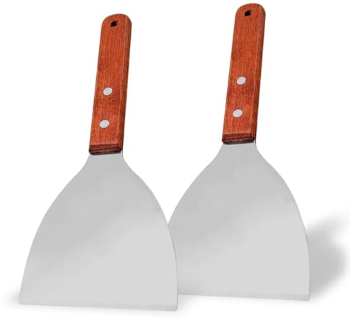 2Pcs Griddle Scraper, Stainless Steel Slant Edge Grill Scrapers Wood Handle Spatula for Food Pancake Pizza Home Baking Cooking