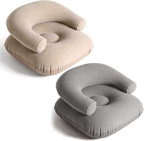Threehoney 2 Pcs Inflatable Lounge Chair Deck Chair Lazy Sofa, Blow Up, Folding, Portable Couch for Home, Office Balcony, Floor Seating (Beige,Dark Grey)