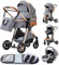 GLOKID Kinderwagen 3 in 1,Reisesysteme, Babywanne,Buggy&Sportsitz,Tragbarer,Voll-Gummireifen,Mit Einem Klick Zusammenklappbarer,Zubehör (LV9 Grau)