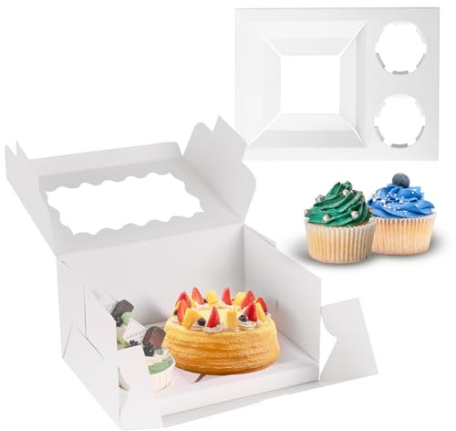 JCD 8 Packs Bento Cake and Cupcake Box 3 Holes Fit 2 Cupcakes and 1 Mini Cake Box with Clear Window and Stickers for Wedding Birthday Party Bakery Baking Supplies (1+2/8pcs)