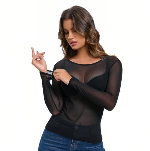 OPVYAEU Haut Translucide Femme, Top Translucide, T-Shirt Transparent Femme Sexy, Haut en Mesh Clubwear(Noir L)