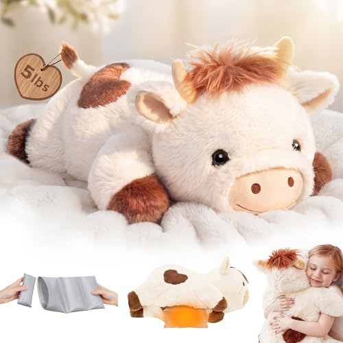 Mewaii Weighted Stuffed Animals for Adults & Kids, 2-5 lbs - 23 Heatable Coolable Cow Plush, Microwavable Adjustable Removable Inner Pad, Realistic Hug Comfort Gift (White)