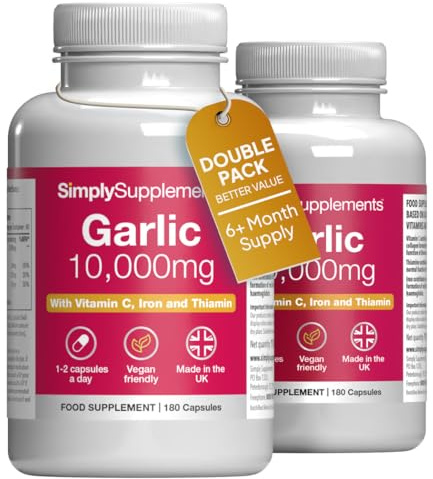 High-Strength Garlic Capsules | Supports Heart, Normal Blood Circulation & Immune Health | with Vitamin C, Iron & Thiamine | Vegan Friendly | 360 Capsules = 6 Months’ Supply | UK Made