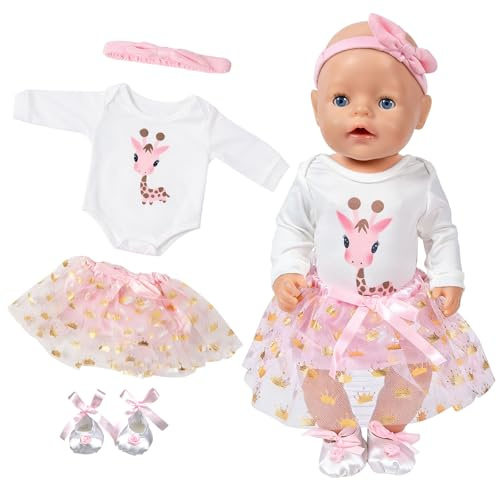 Baby Doll Clothes Tutu Dress for 14-18Inch Baby Doll, 43cm Sweet Doll Clothes with Cute Giraffe Pattern Ballet Shoes Pink Headband Baby Dolls Clothes Set Compatible with New Born Baby 35-45 cm Dolls