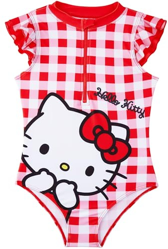Hello Kitty Sanrio Girls Swimming Costume 5-14 Yrs, One Piece Swimsuit, Front Zip-Up Beach Bathing Suit, Swimwear Accessories (9-10 Years, Red/White Hello Kitty)