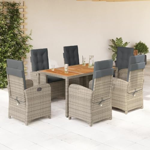 RMIHSJG 7-TLG. Gruppo da giardino con cuscino grigio polyrattan, mobili da esterno con schienale regolabile e rivestimenti rimovibili, set di seduta in rattan sintetico PE resistente alle intemperie