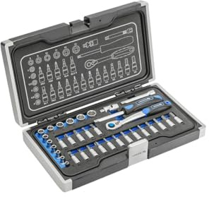 Högert Technik - Cassetta Attrezzi, Set Attrezzi, Valigetta Attrezzi, Set Utensili, Chiavi a Bussola, Punte e Attrezzature 1/4, Meccanismo a Cricchetto con 72 Denti - HT1R464, 34 Pezzi