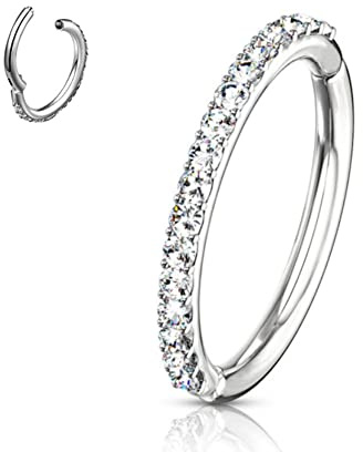 NewkeepsR 16G×9mm Diamante Steel Hypoallergenic Conch Piercing Jewellery Earring Hoop, Cartilage Clicker Segment Ring Rounded Clear Orbital Crystal Zirconia