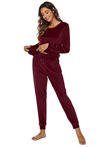 Ietaoo Velours Survêtements Femme Ensemble de Pyjama 2 Pièce Sportswear Jogging Automne Hiver Sweatshirt et Pantalon Sweat Suit Tenue Sport Ensemble Vêtements de Nuit Vin Rouge XXL