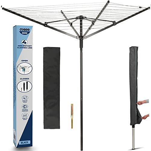 CUQOO 4 Arm Folding Clothes Line in Black – 45m Heavy Duty Rotary Washing Line | Outdoor Rotary Clothes Dryer with Non-Slip Lining, Ground Spike, and Cover - Black