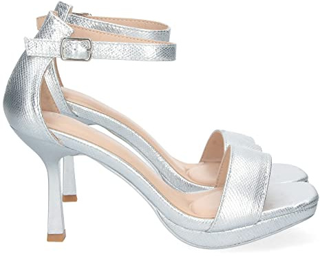 shoes&blues.es 70496-Sandalia de Tacon Fino para Mujer, Comodo, con Pala Simple, y Cierre de Hebilla, Primavera Verano 2023. Talla 38 Plata