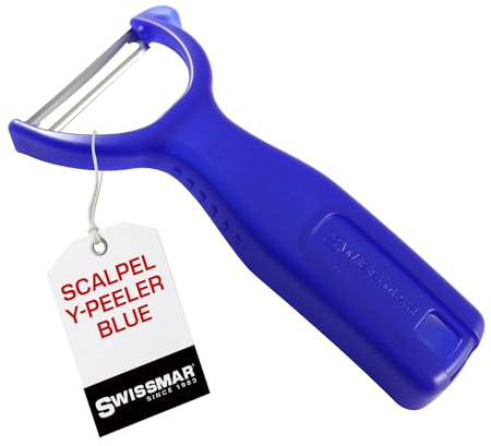 Swissmar Y Peeler with Stainless Steel Scalpel Blade - Perfect for Potato, Vegetable, Fruit, Carrot, Apple, Mango Peeler for Kitchen - Plastic Blade Protector Included - Blue