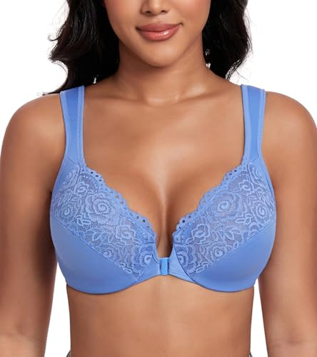 DotVol Women's Plus Size Front Closure U-Back Underwire Wide Strap Everyday Bra(Blue,40DDD)
