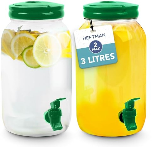 HEFTMAN Dispenser per bevande in plastica con rubinetto - 2 pezzi, 3L, dispenser per acqua fredda con rubinetto, maniglia, coperchio a vite, frigorifero per cocktail (Verde)