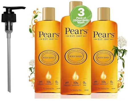 Pears Pure & Gentle Moisturising Liquid Body Wash - Enriched with Glycerin and Natural Oils, 10x More Moisturiser* - Soap-free Cleanser Ideal for Men and Women | 250ml (3 Pack) + Dispenser Pump