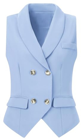 Allegra K Blazer sans Manches Femme Gilet de Costume Élégant à Double Boutonnage avec Col Châle Revers Bleu Clair XL