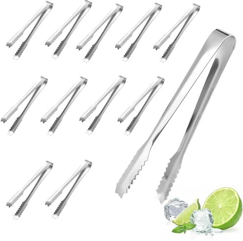 12PCS Silvery Mini Tongs - Easy to Grab Ice Cubes, Practical Kitchen Tongs for Soup, Sweet Mix, Ice Bucket & Rock Sugar Cubes