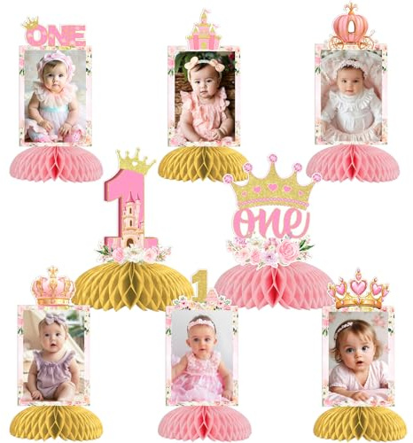 Funmemoir Prinzessin 1. Geburtstag Party Dekorationen 8 Stück Prinzessin 1. Geburtstag Foto Wabenaufsatz Doppelseitige Prinzessin Tischdekoration für Mädchen erster Geburtstag Party Dekorationen