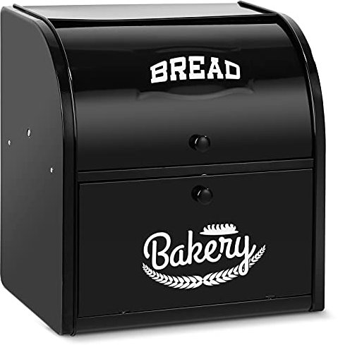 Hossejoy Double Layer Bread Bin - Large Capacity Black Roll Top Bread Box, Kitchen Bread Storage Container with Roll Top Lid, Double Layer Breadbox for Your Kitchen Countertop